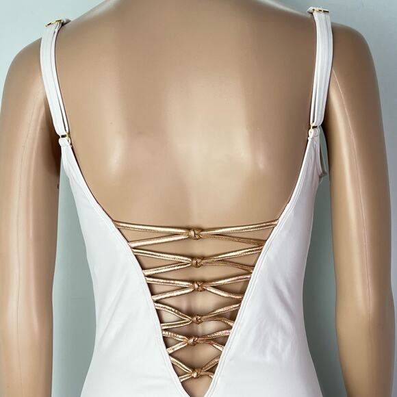 Bleu Rod Beattie Oh So Knotty Lace Down White One Piece Swimsuit - Picture 7 of 12